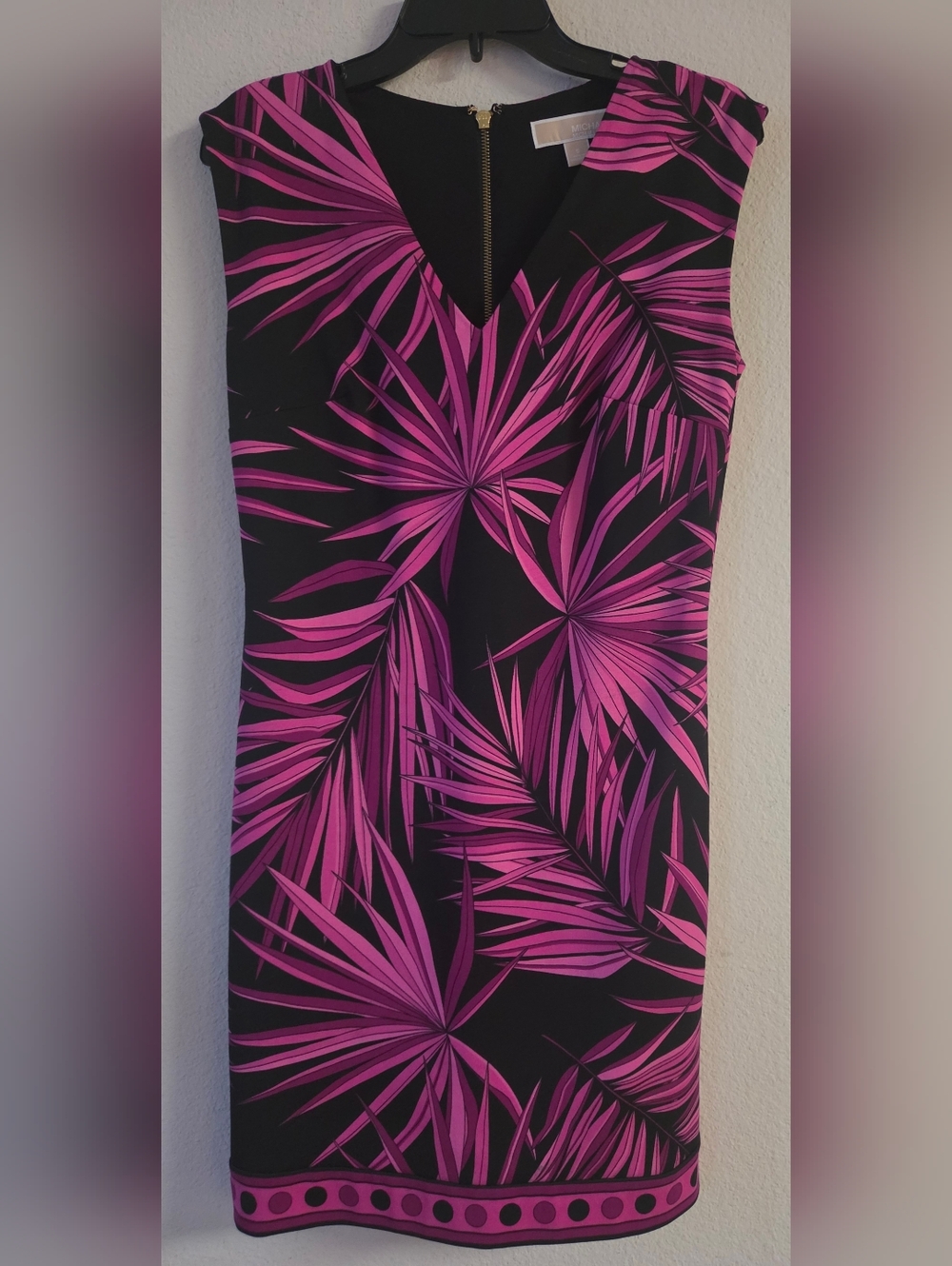 Michael Kors Black & Fuchsia Palm-Print Form Fitting Dress,S,euc